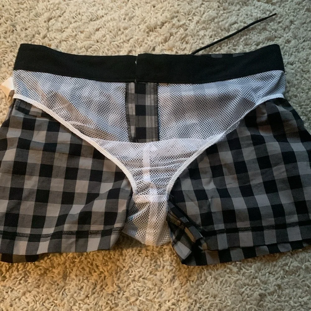 Parke & Ronen Black and Gray Checked Swim Trunks